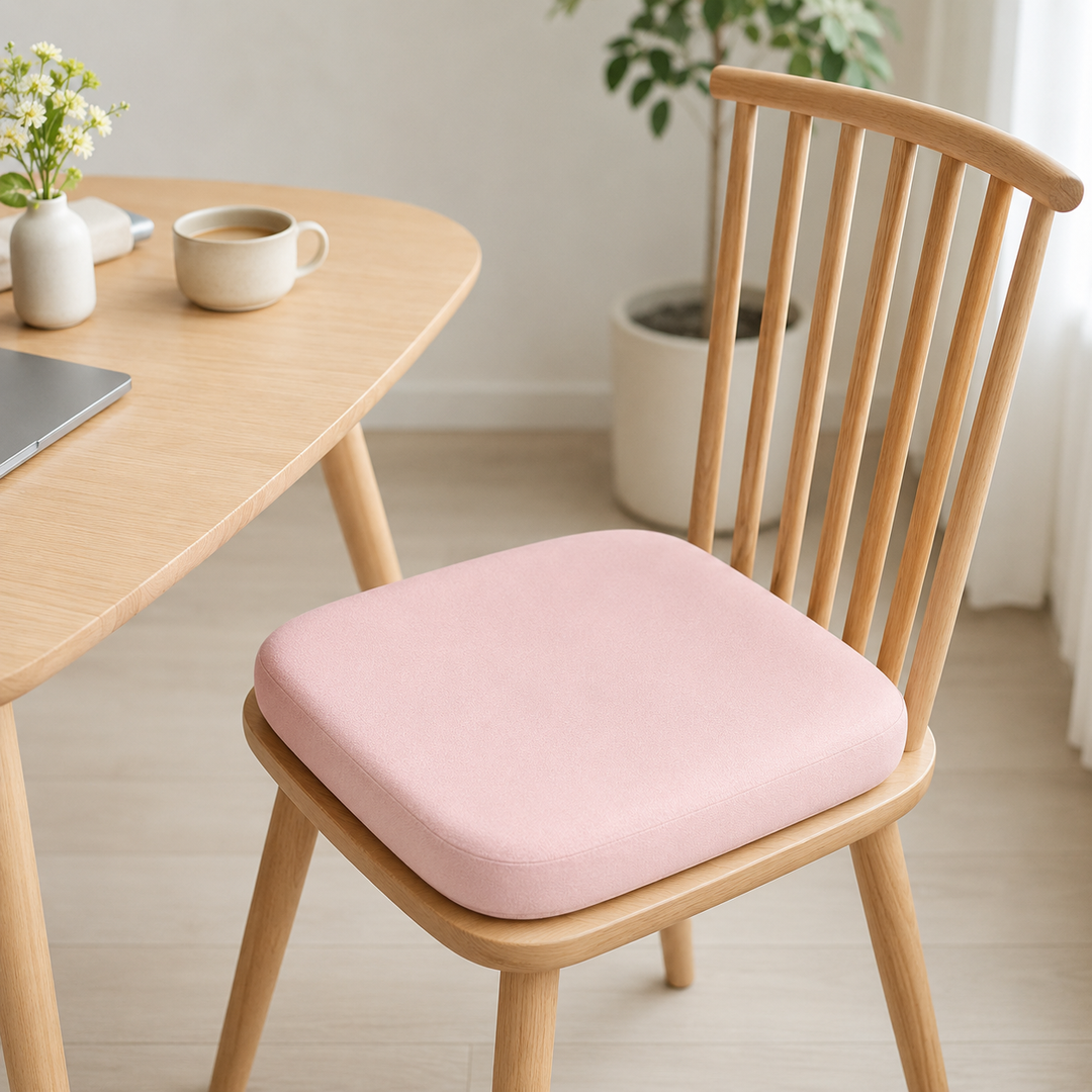 Pink square seat pad placed on a wooden dining chair next to a table