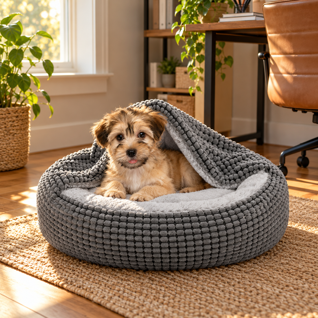 Small fluffy puppy resting inside a gray hooded donut pet bed next to a window