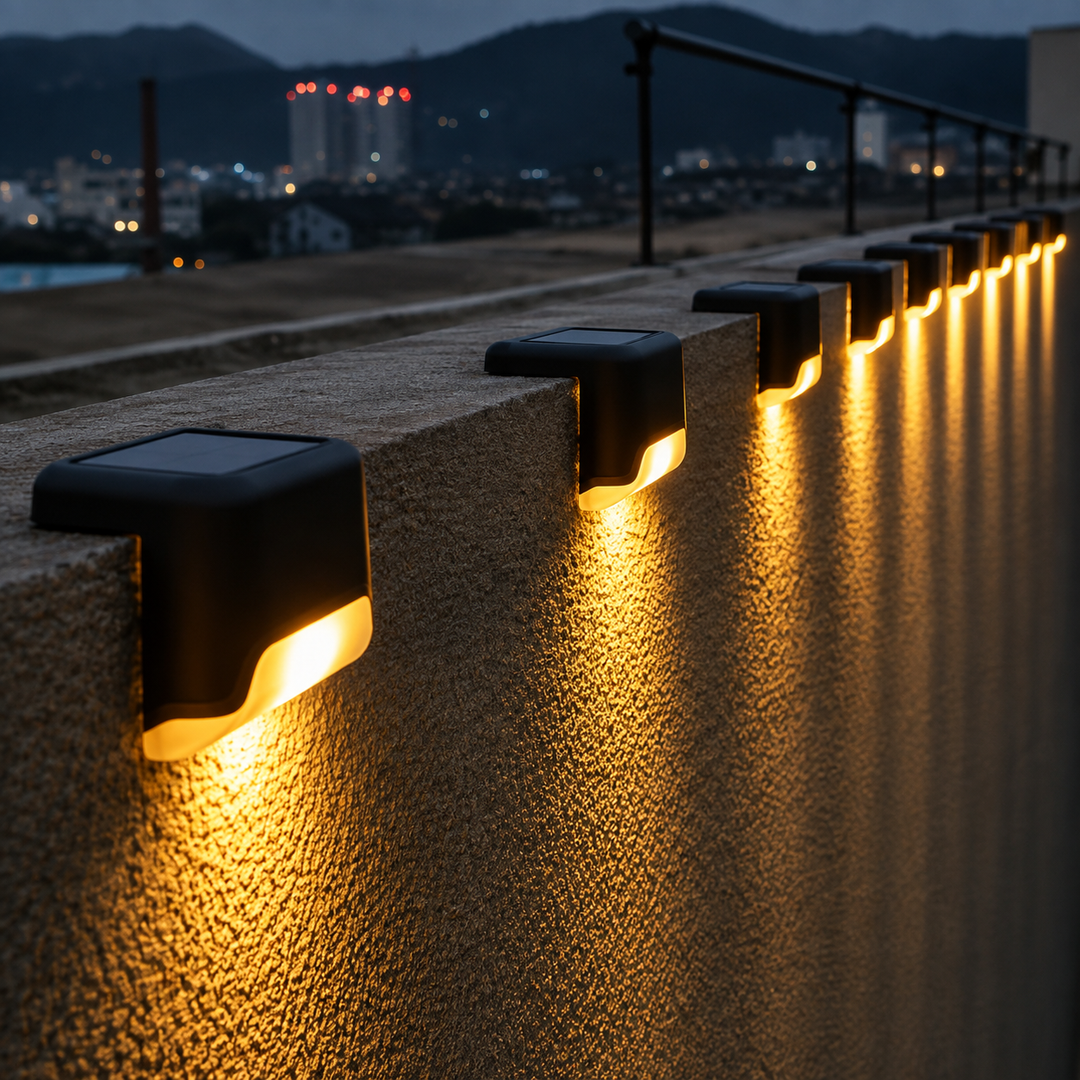 Modern black solar step light mounted vertically on an exterior fence