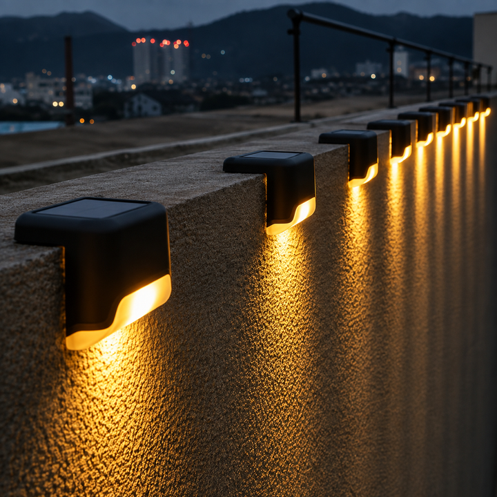 Modern black solar step light mounted vertically on an exterior fence