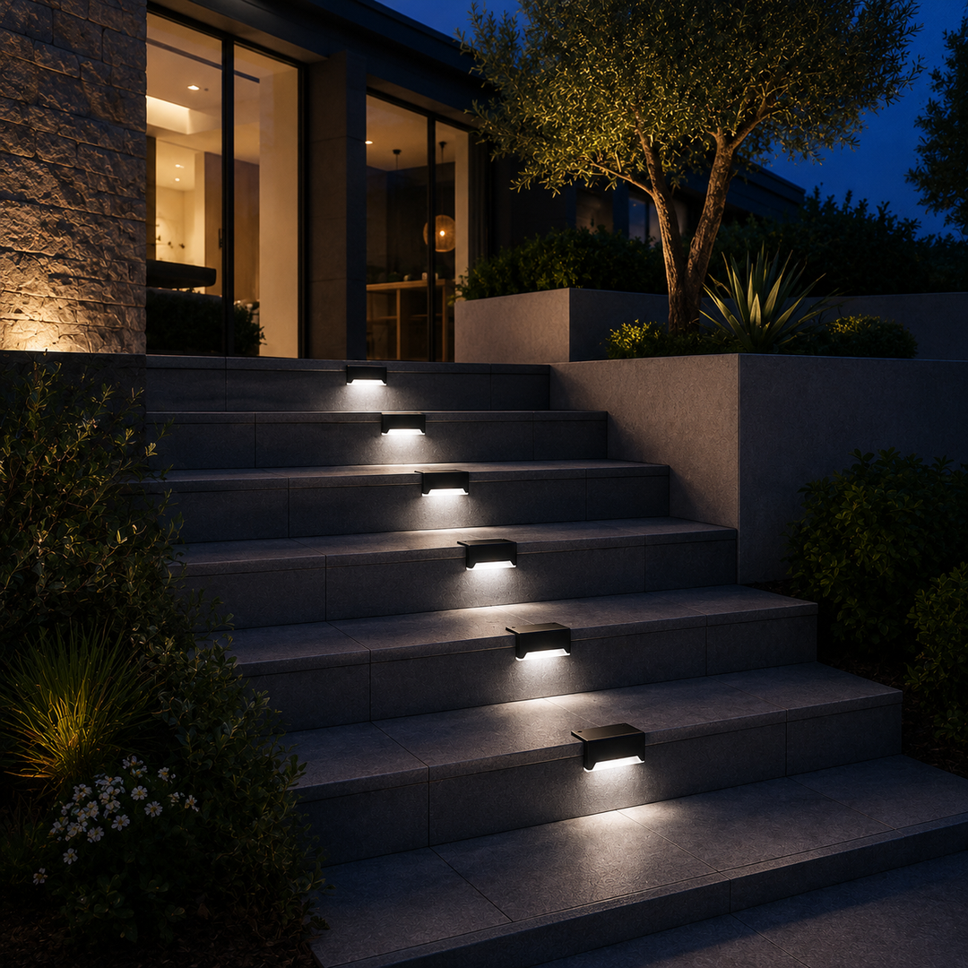 Close-up of LED solar lamp casting geometric light patterns on a wall