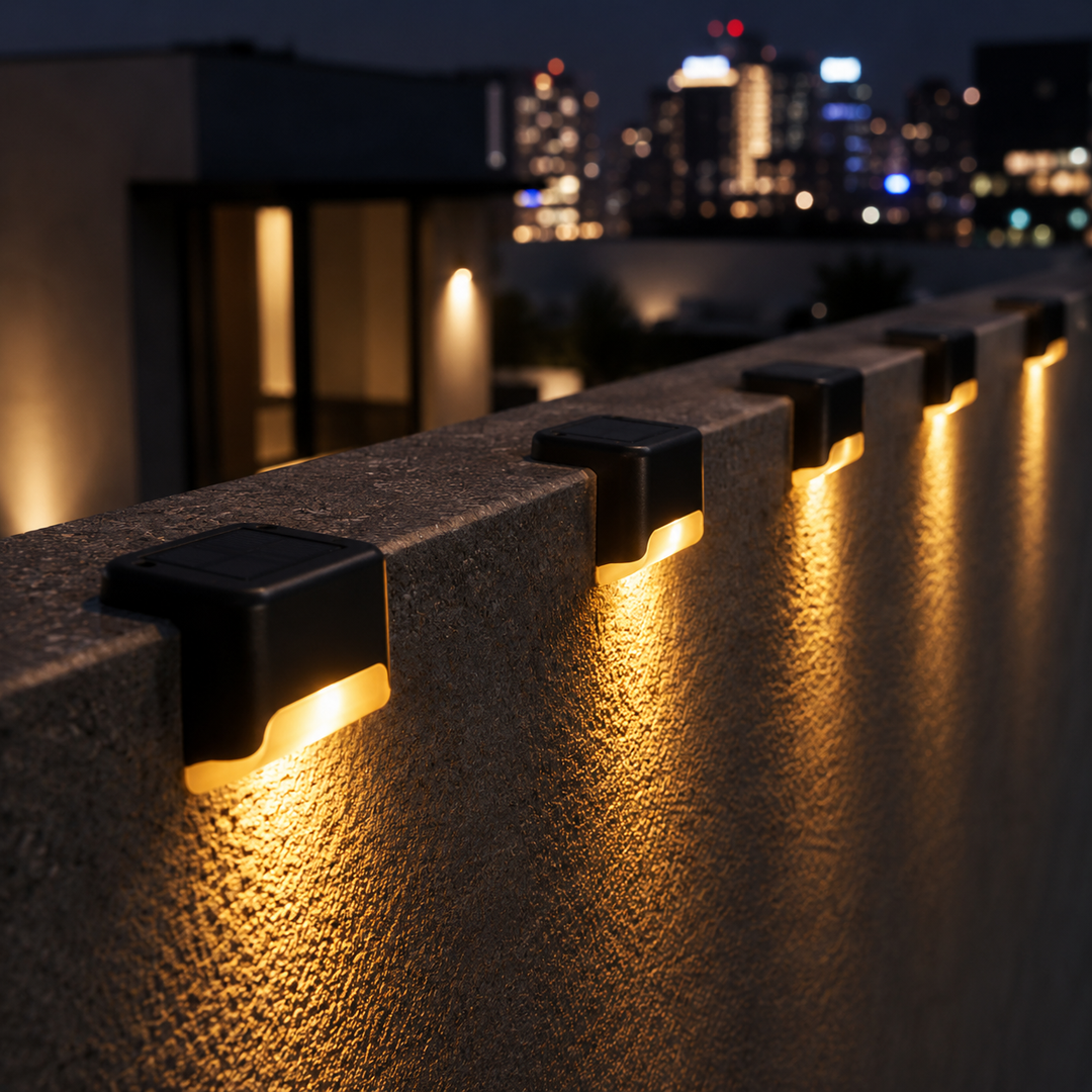 Illuminated outdoor stairs featuring flush-mounted solar deck lights