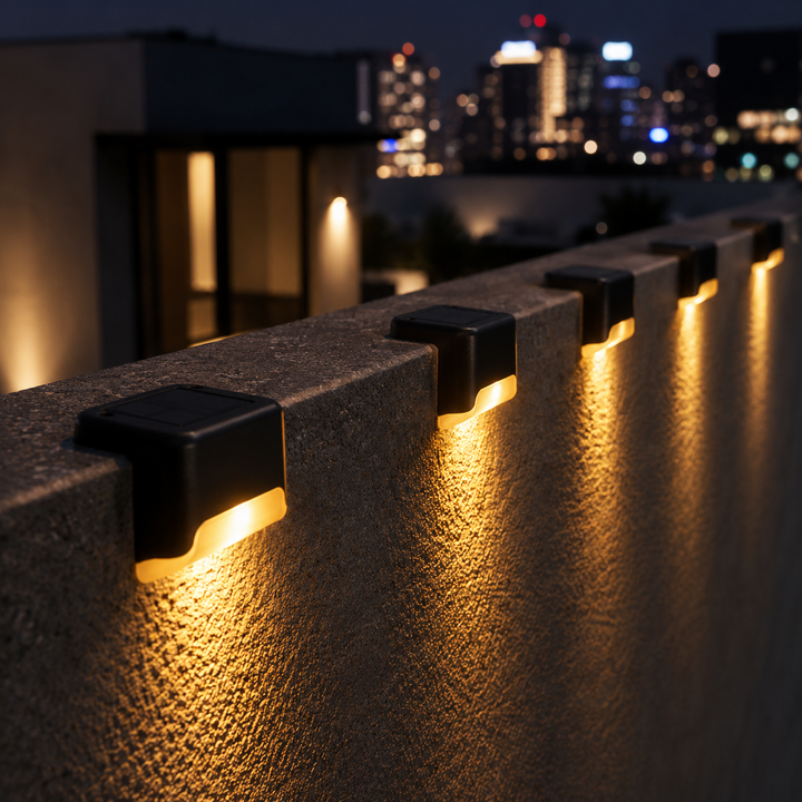 Illuminated outdoor stairs featuring flush-mounted solar deck lights