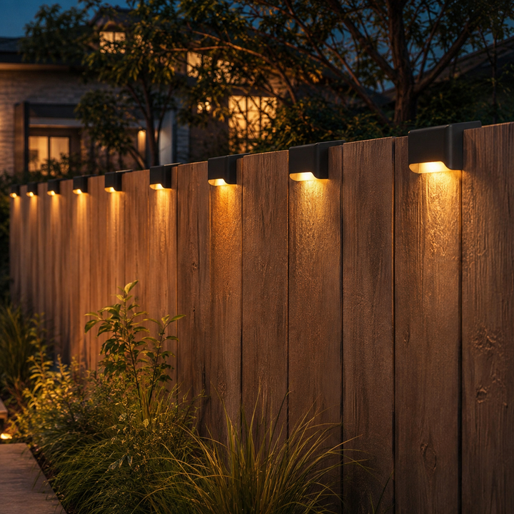 Complete set of solar-powered outdoor step lights glowing in the dark