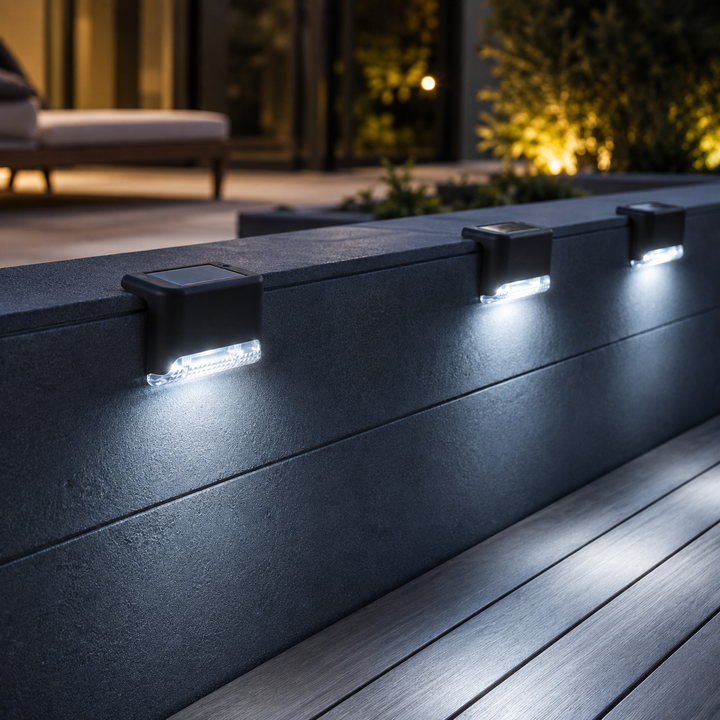 Warm white illumination from a waterproof deck light on concrete stairs