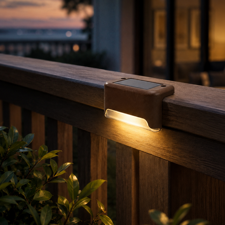 Multiple LED solar lamps lining a backyard wooden deck staircase