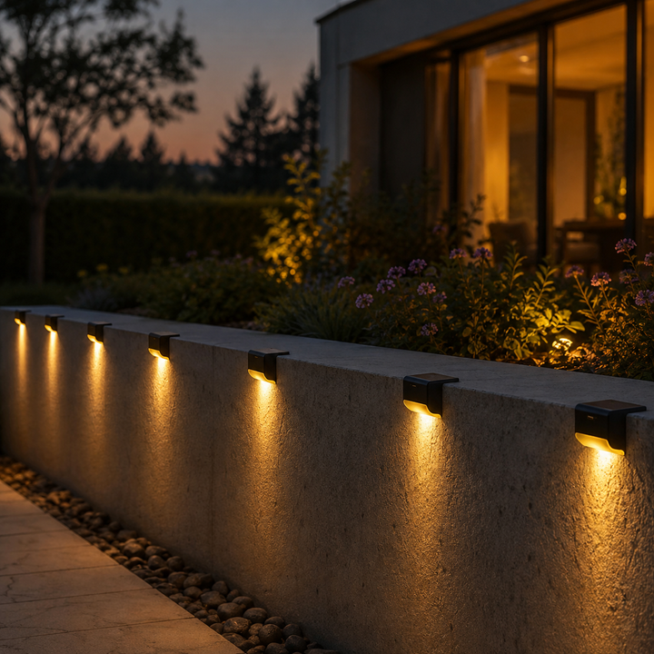 Garden pathway illuminated by warm glow from wall-mounted solar lamps