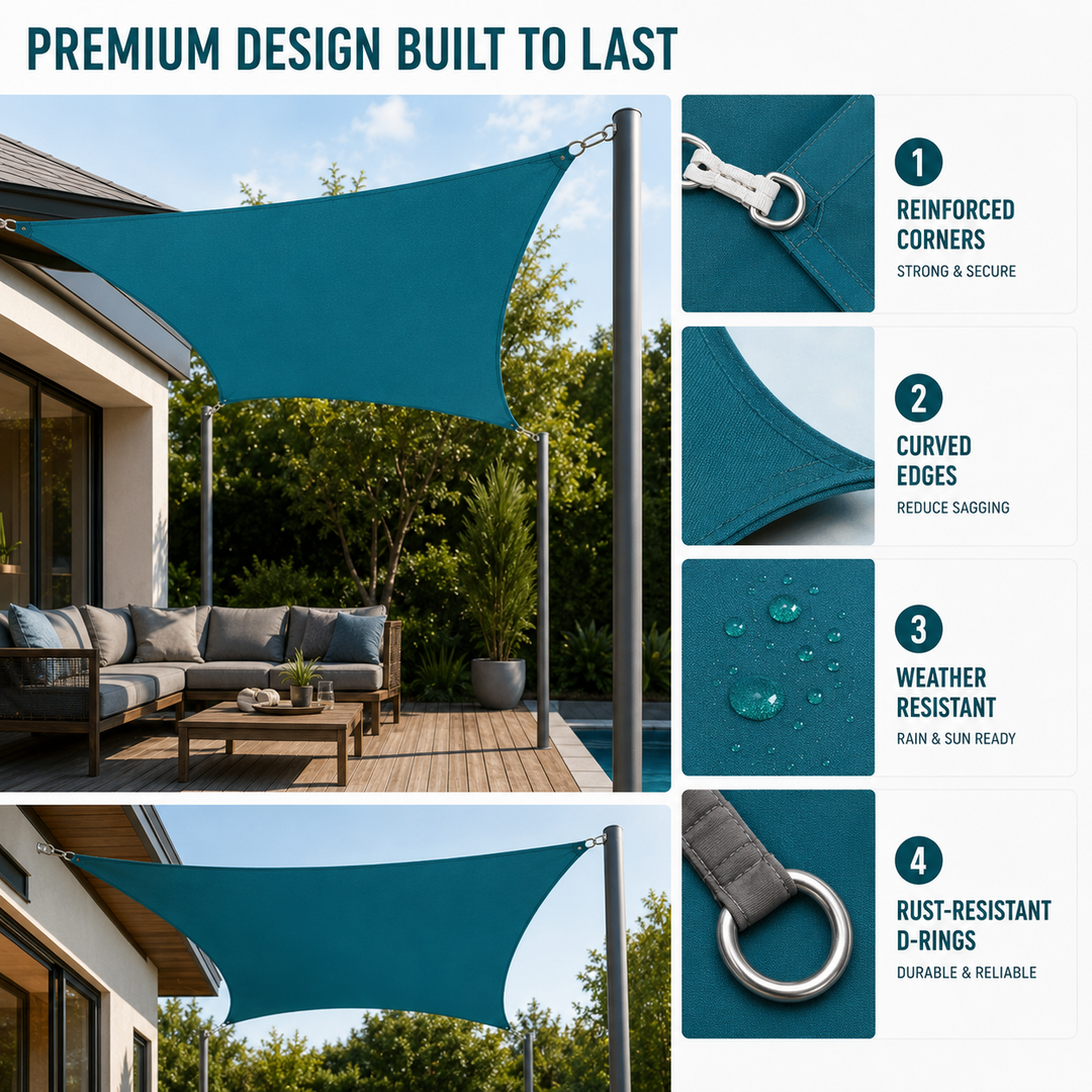 Waterproof shade sail canopy installed over a sunny backyard patio for UV protection