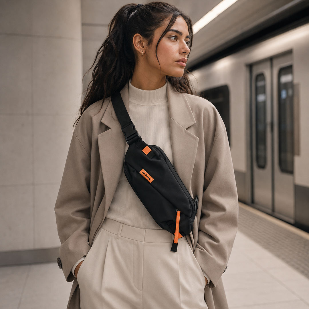 Model wearing a black casual crossbody chest bag outdoors in a subway station