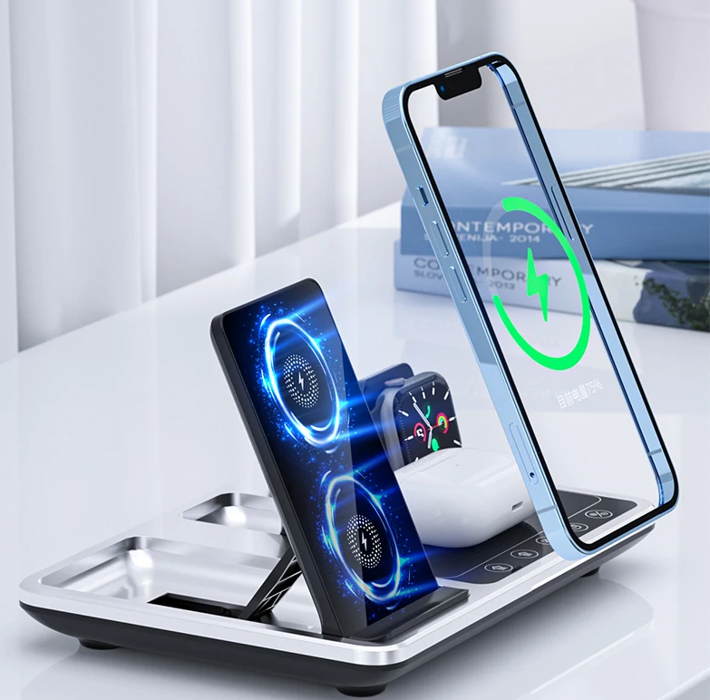 Angle view of the fast wireless charging station highlighting its multi-device dock design