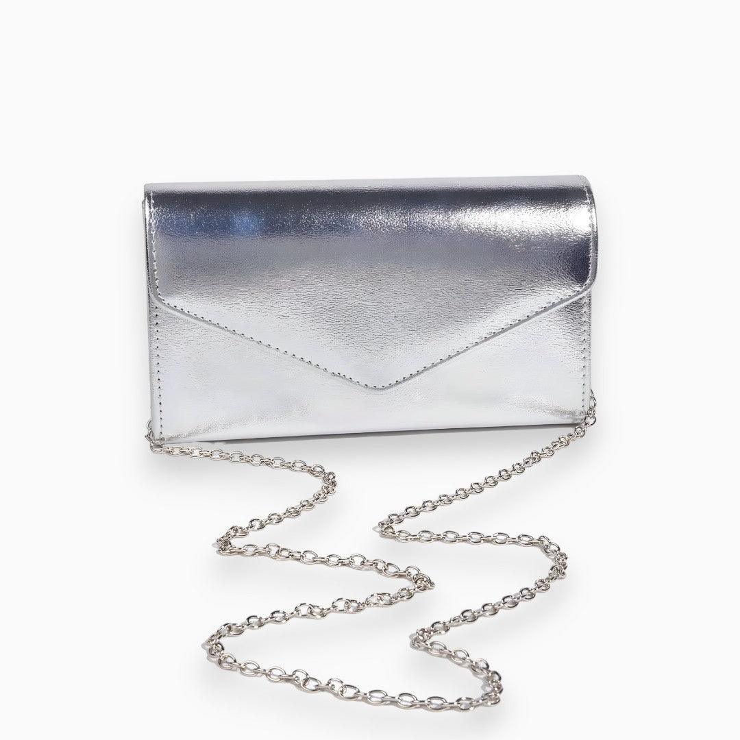 Silver metallic envelope clutch bag with matching chain strap