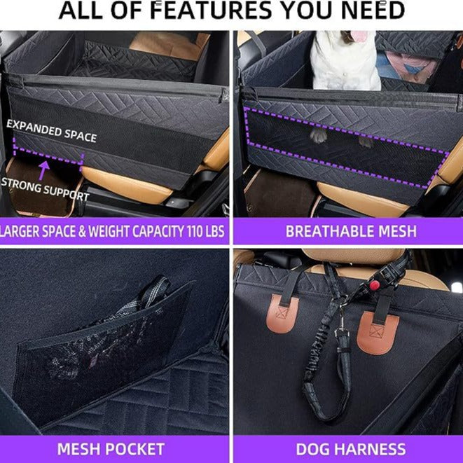 Waterproof dog travel seat cover installed in vehicle back seat