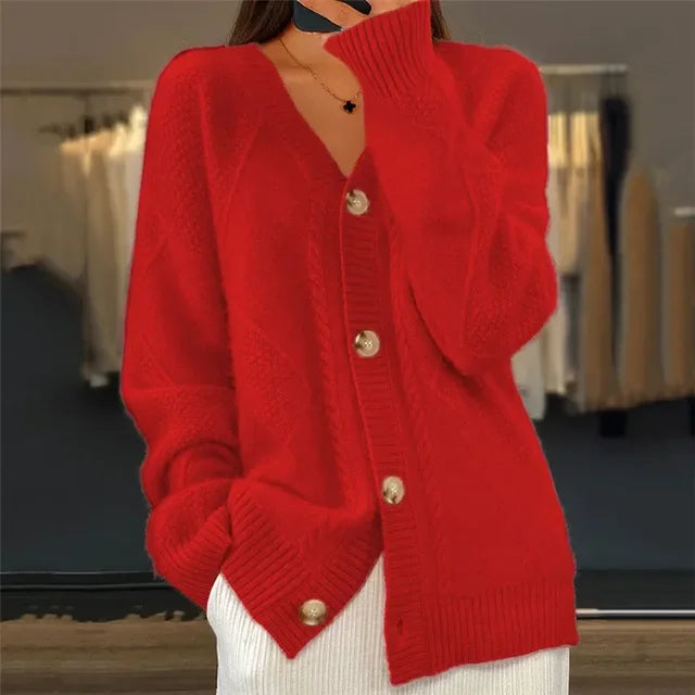 Womens soft knit button cardigan sweater front view showing button-up closure and cozy texture