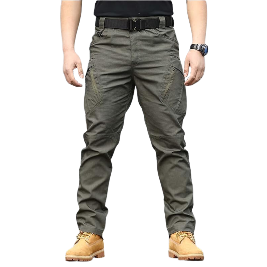 Front view of a man wearing green tactical outdoor cargo trousers with multiple pockets