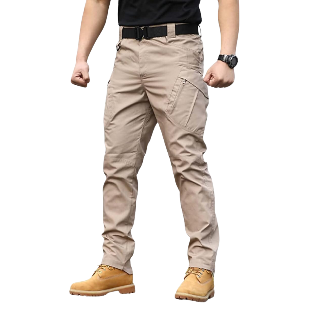 Water resistant mens outdoor pants shedding moisture during active wear
