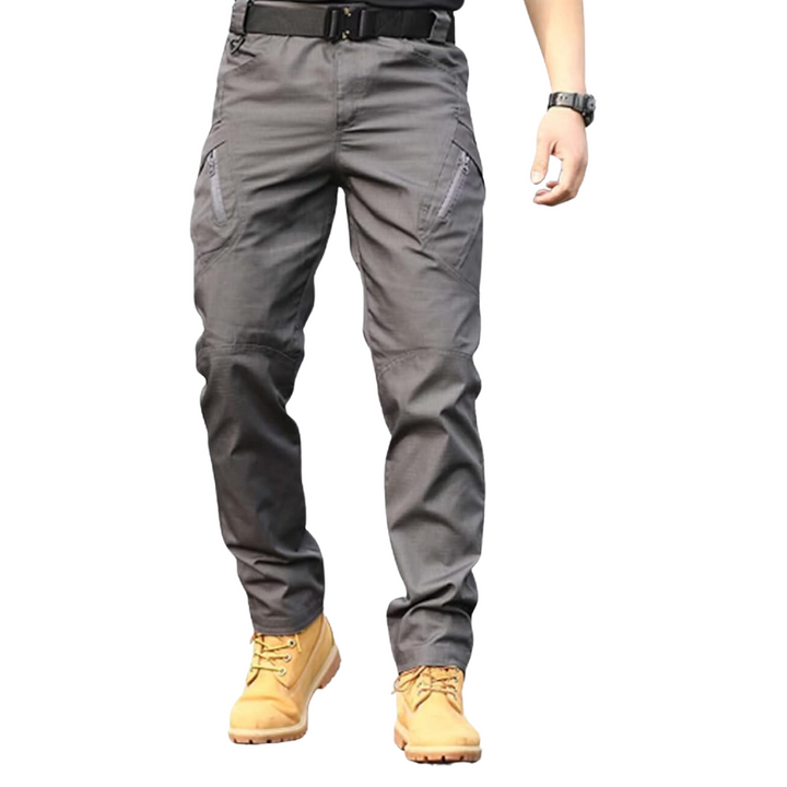 Back view of mens utility trousers featuring deep buttoned pockets and belt loops