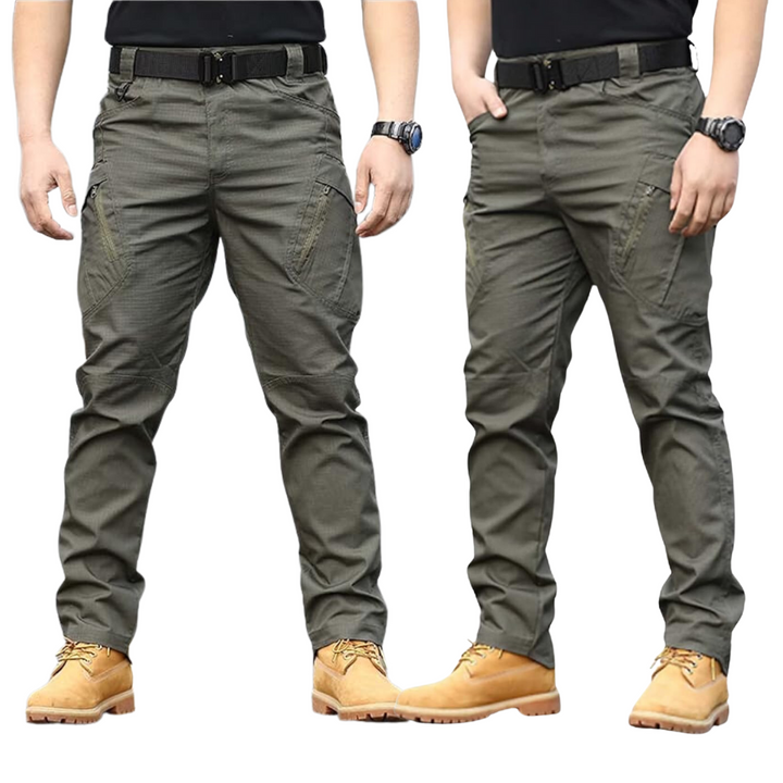 Mens tactical outdoor cargo trousers in durable khaki fabric with utility pockets