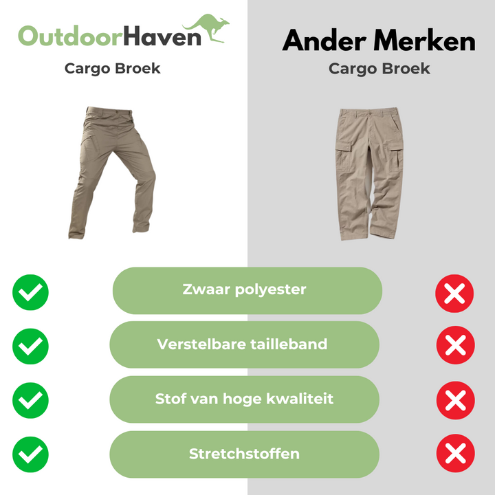 Folded stack of mens tactical outdoor cargo trousers in various earth tones