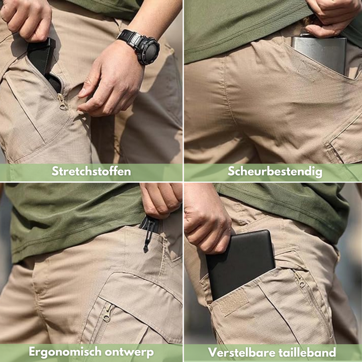 Side view of mens hiking trousers showing secure zippered cargo utility pockets
