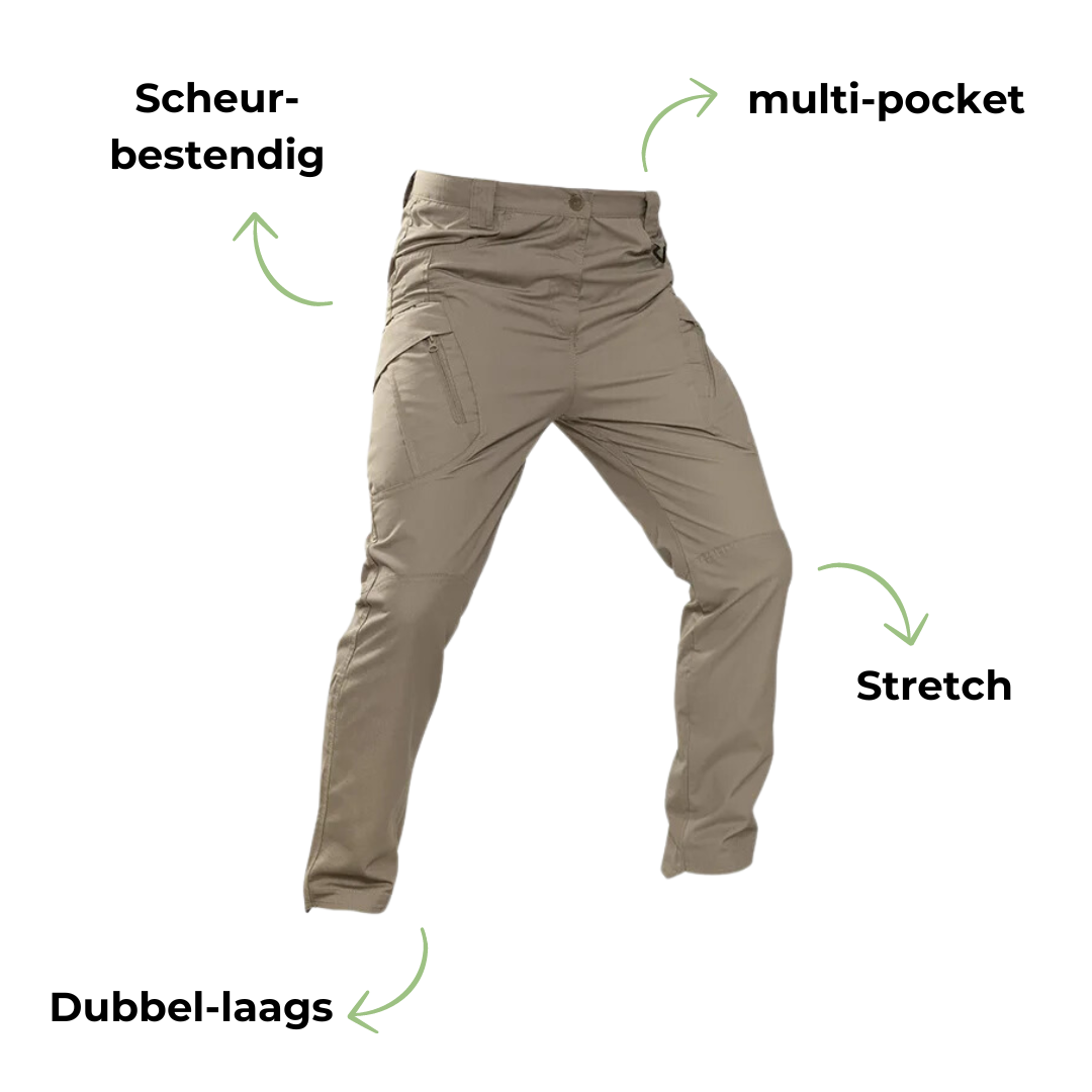 Close-up of reinforced knee stitching on mens tactical cargo pants for climbing