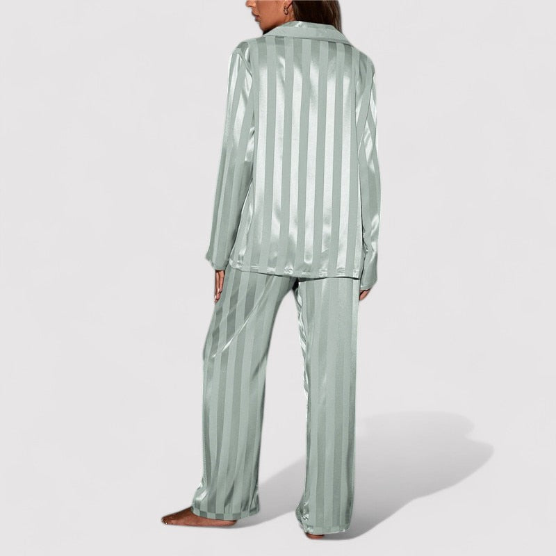 Women's satin stripe pajama set top detail, soft sleepwear blouse