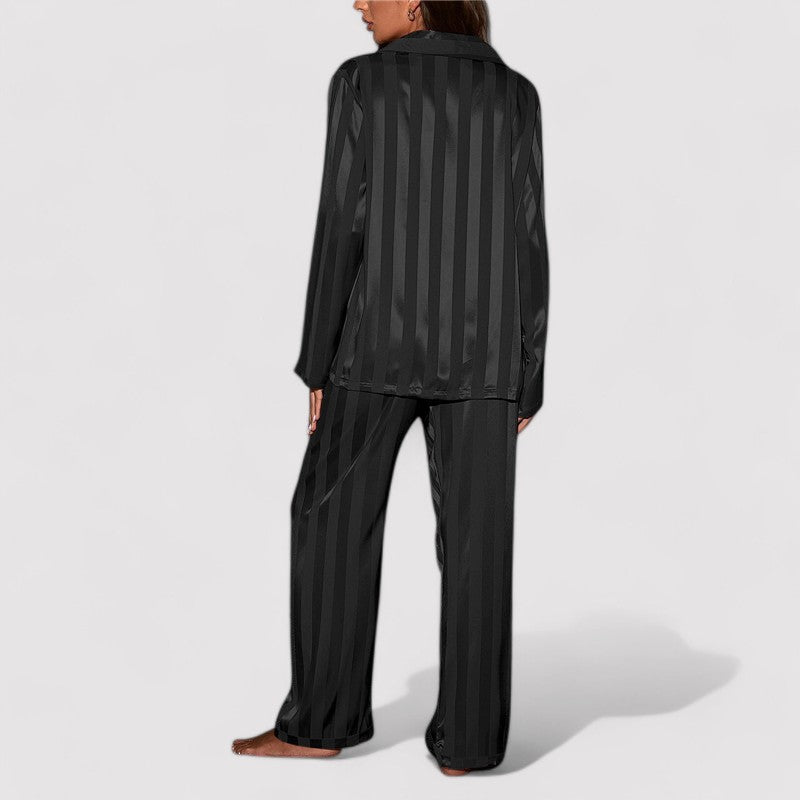 Back view of women's relaxed fit satin stripe lounge set sleepwear