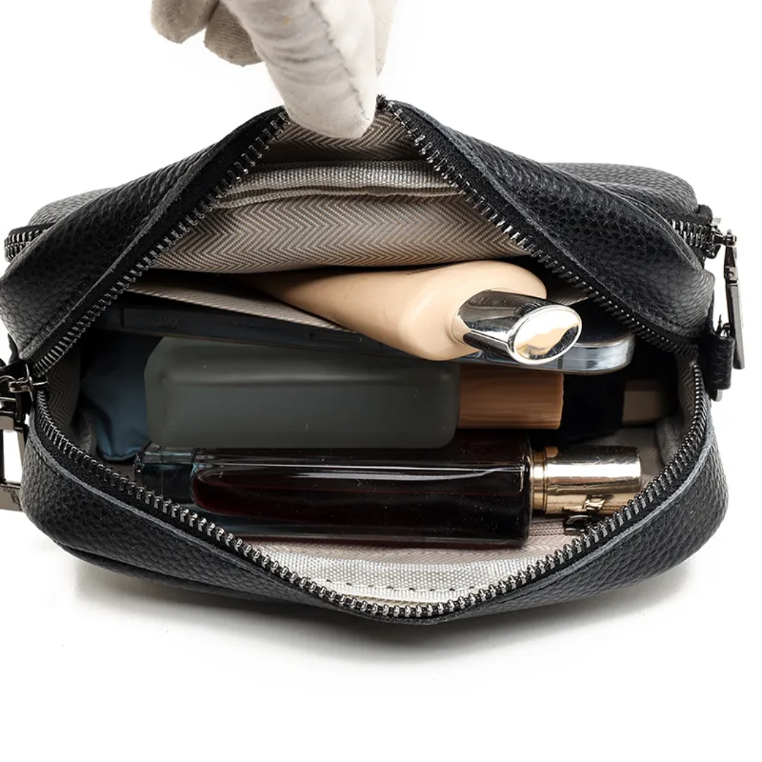 Durable metal zipper and puller on the leather handbag
