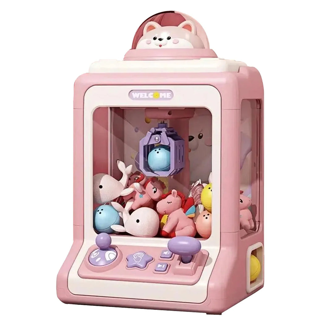Pink mini claw machine toy with cute animal topper and joystick controls