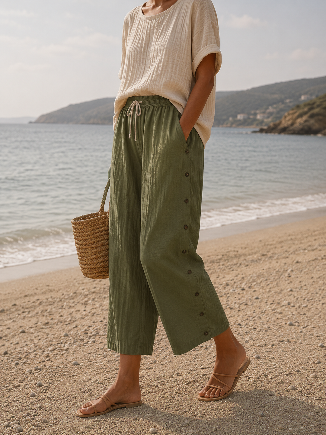Close-up of elastic waistband and button accents on women's summer capri trousers