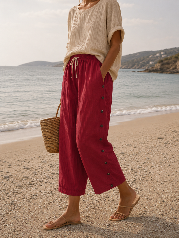 Side view of comfortable cropped casual pants for women in lightweight fabric