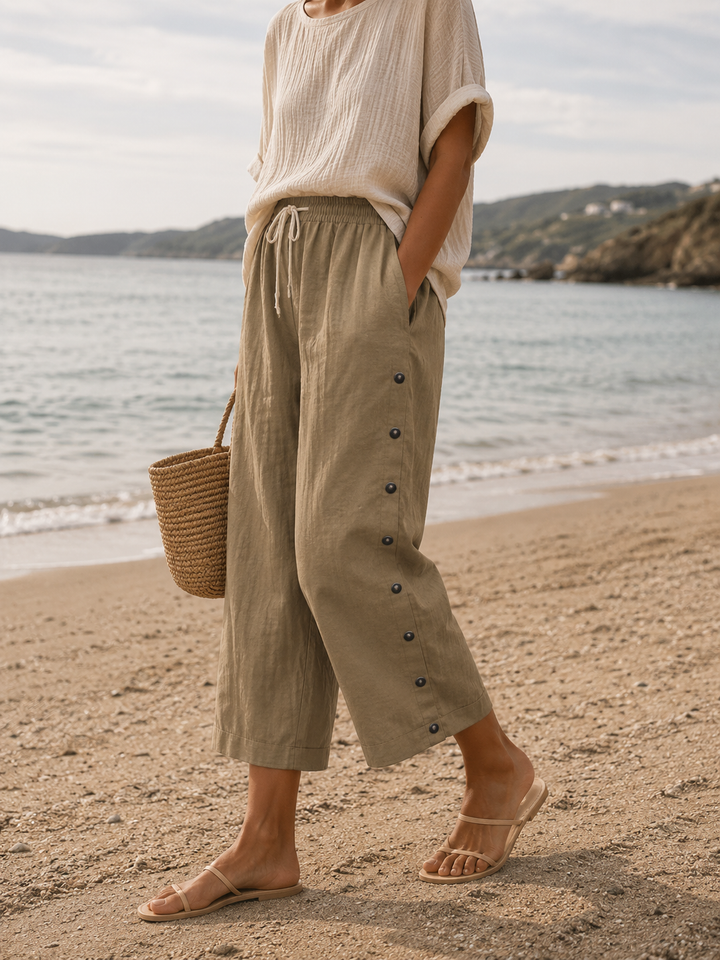 Full outfit view of casual women's capri pants paired with a summer top