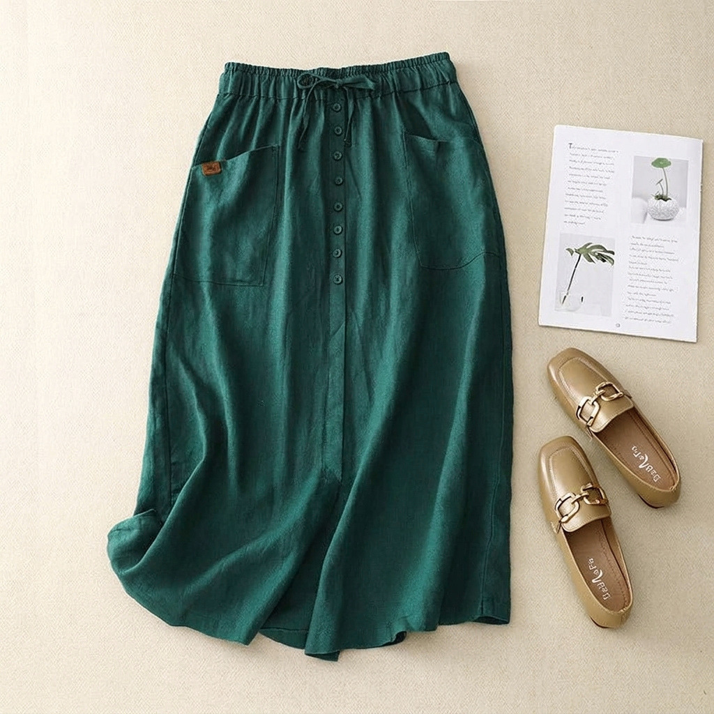 Green summer midi skirt for women featuring a comfortable drawstring waist and casual A-line design