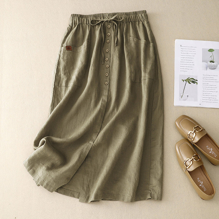Olive green casual midi skirt with button front and drawstring waist