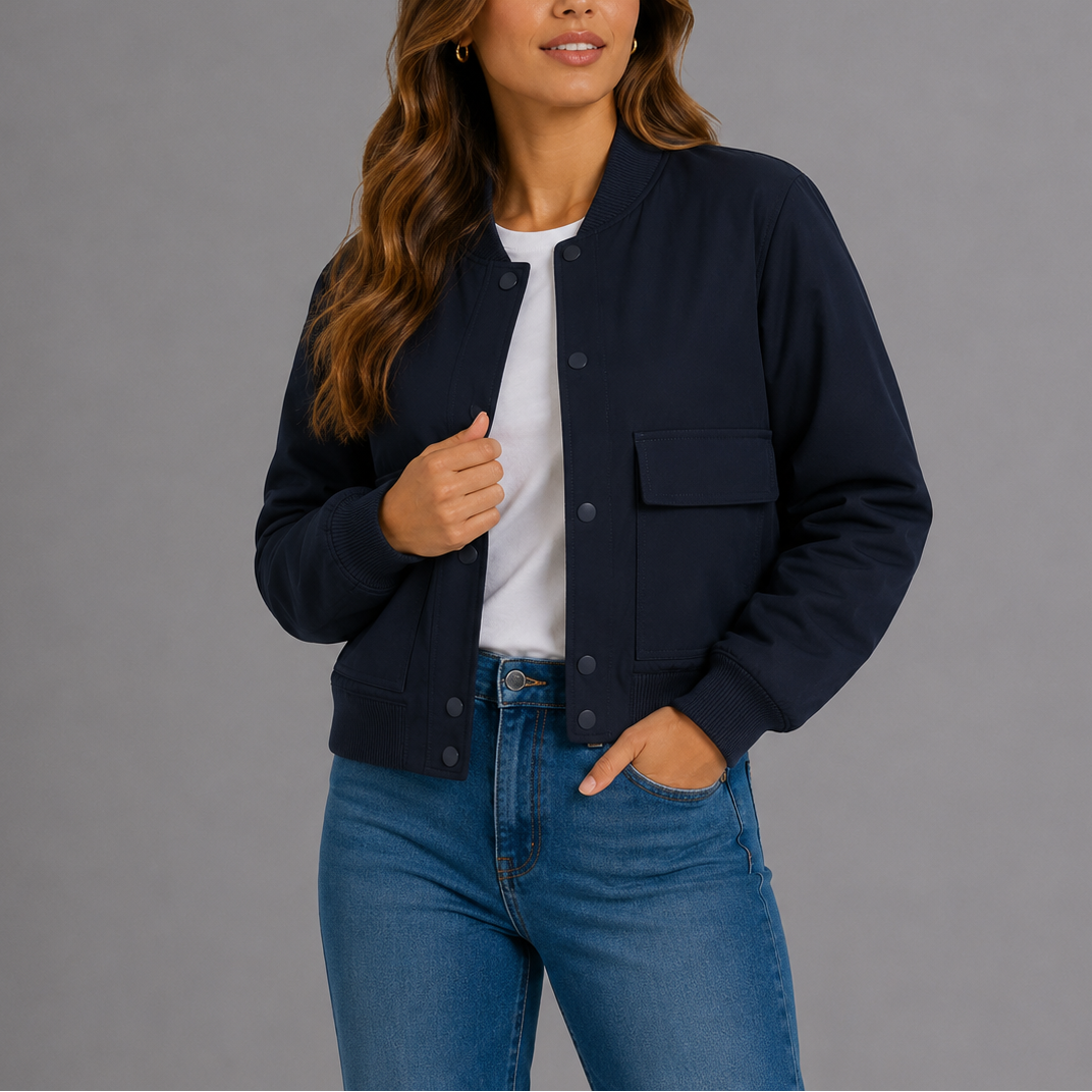 Model wearing a navy women's casual lightweight bomber jacket with front pockets