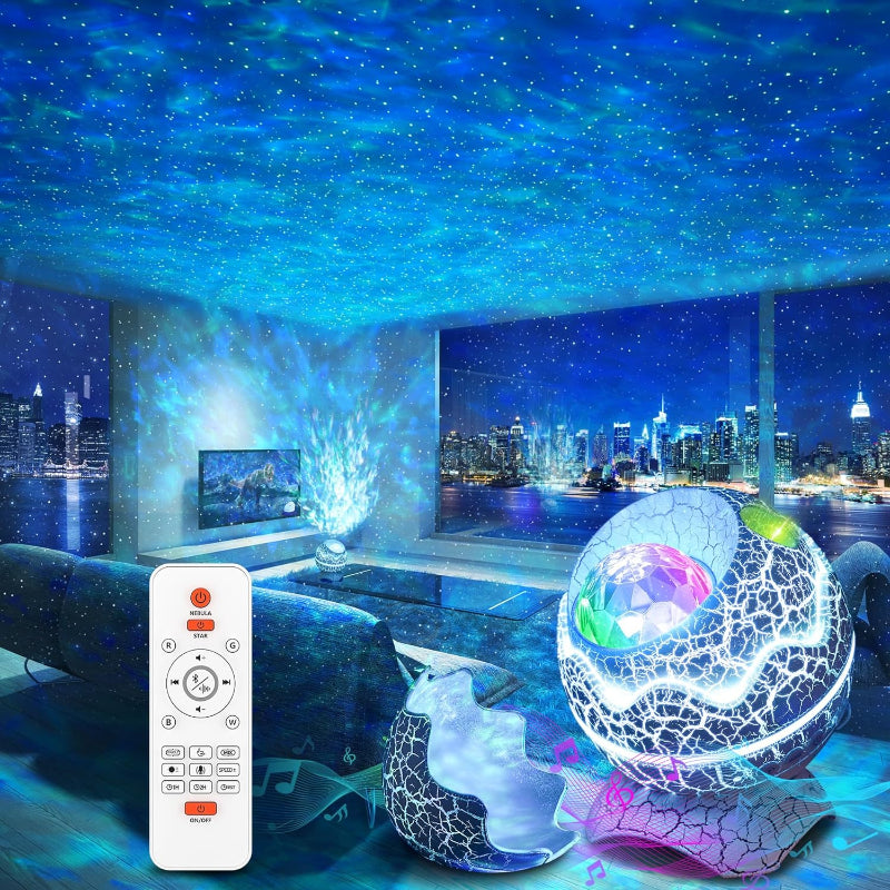 CelestialSphere projector displaying cosmic light effects in a modern living room