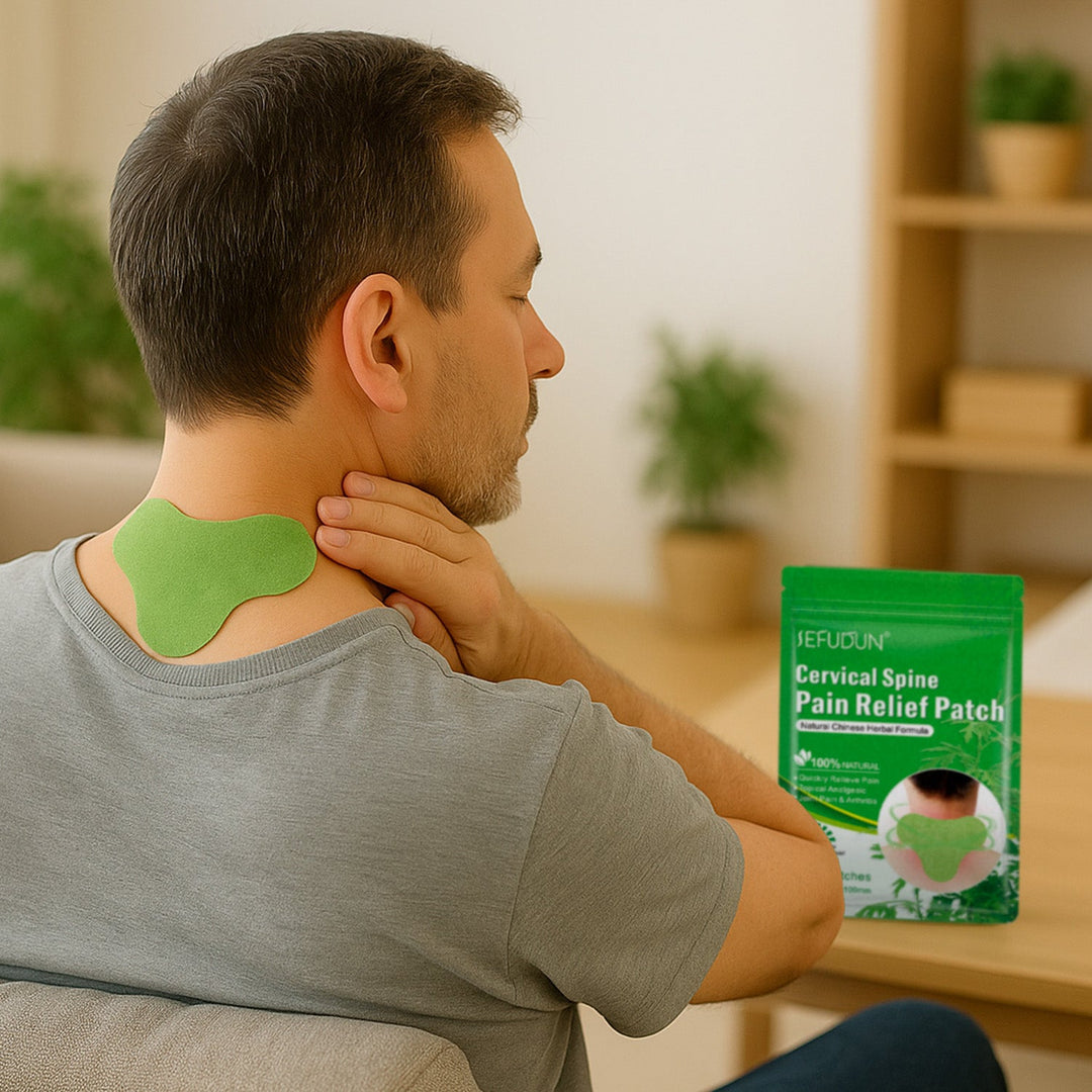 Man applying a green herbal cervical spine patch to his neck while holding the product package.