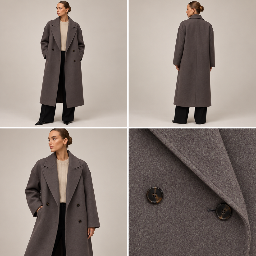 Collage of different angles and close-up of the lapel and button details on the brown coat