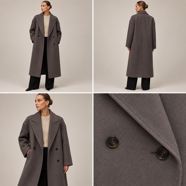 Collage of different angles and close-up of the lapel and button details on the brown coat