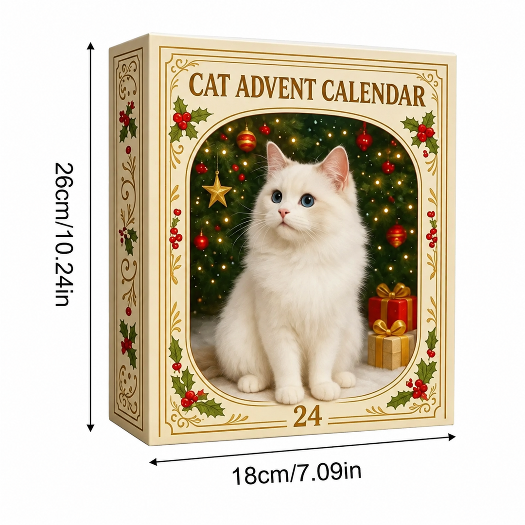 Opened Christmas calendar showcasing daily cat themed ornaments
