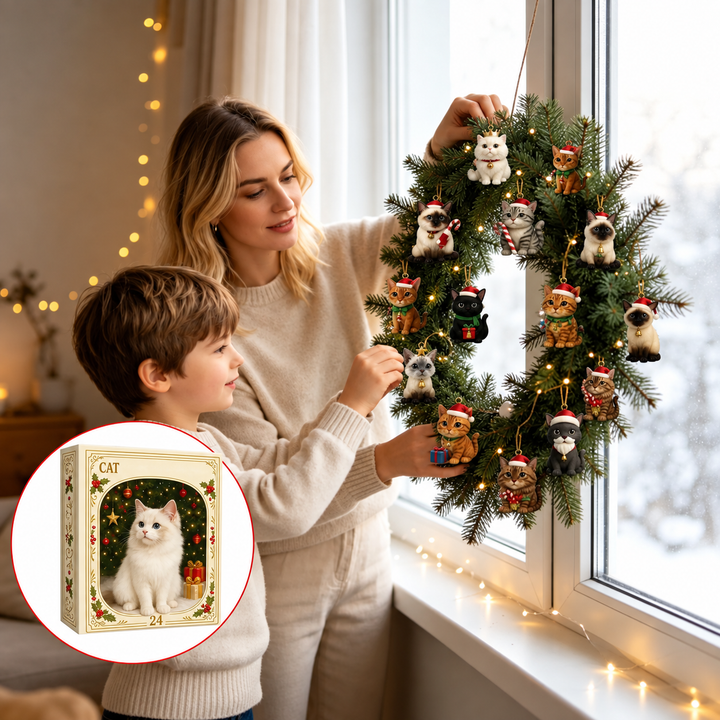 Close-up of cat ornaments included in the holiday advent calendar