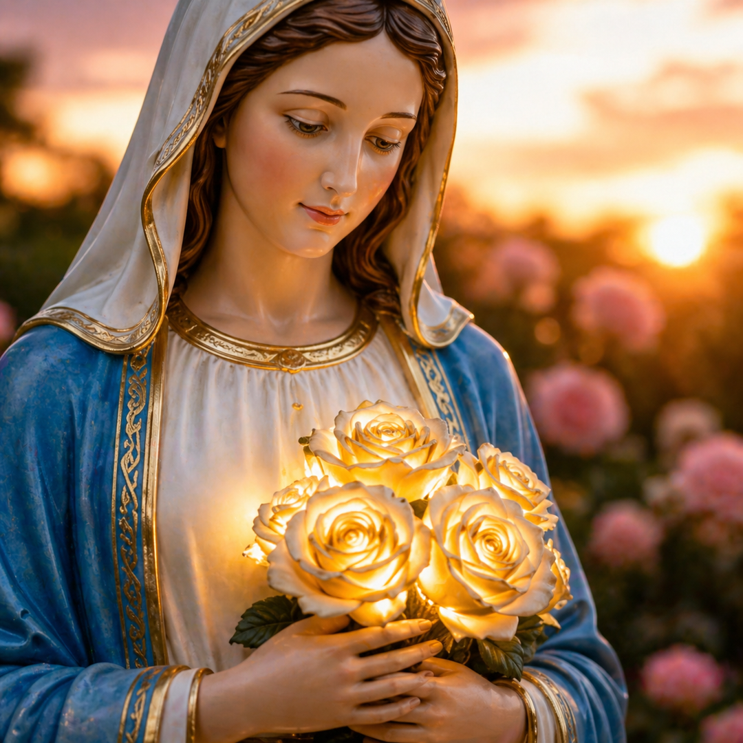 Close up view of the glowing roses held by the Virgin Mary statue