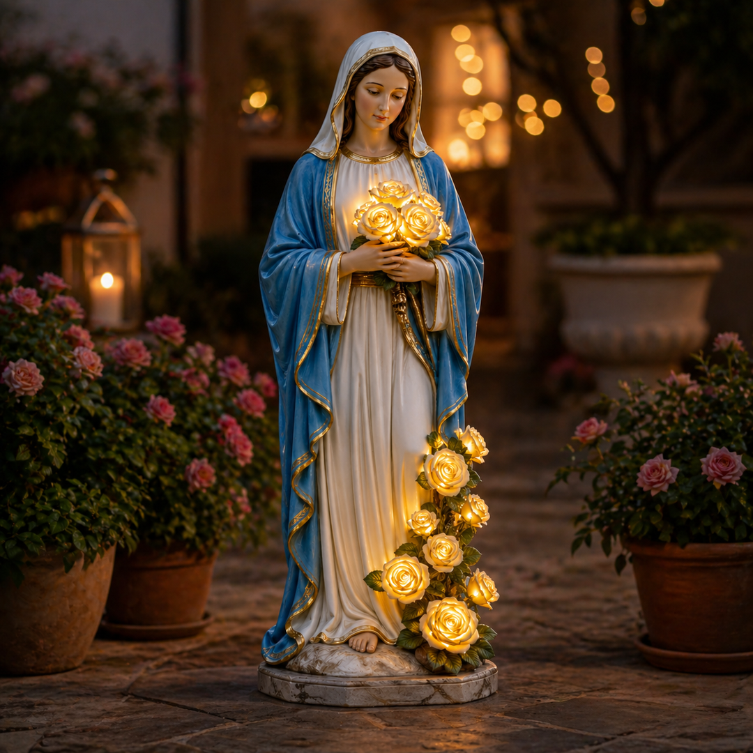 Virgin Mary garden light with glowing roses in outdoor setting