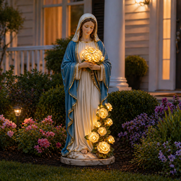 Spiritual yard ornament solar light featuring Our Lady and roses