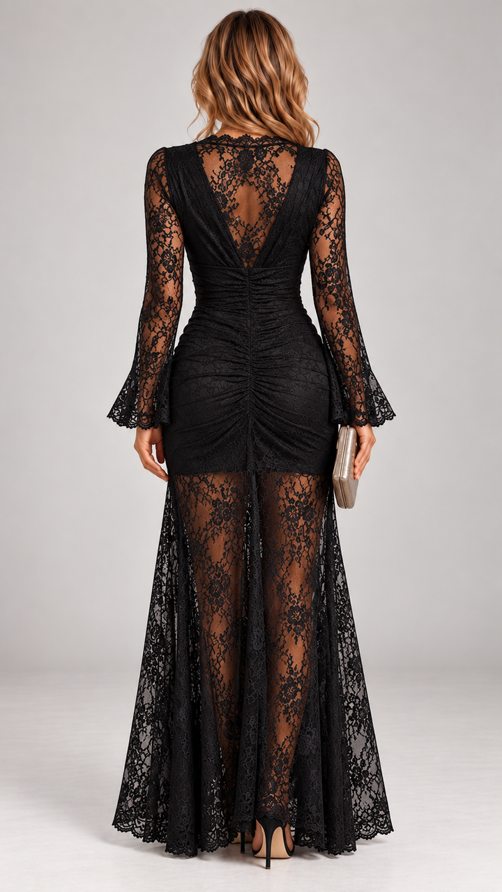 Formal lace party dress in maxi length featuring a chic V-neck design