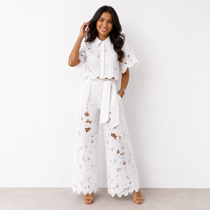 Floral lace two-piece crop top and wide-leg trousers outfit for women