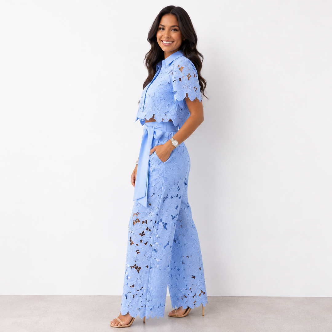 Summer fashion floral lace matching set featuring a cropped top and trousers