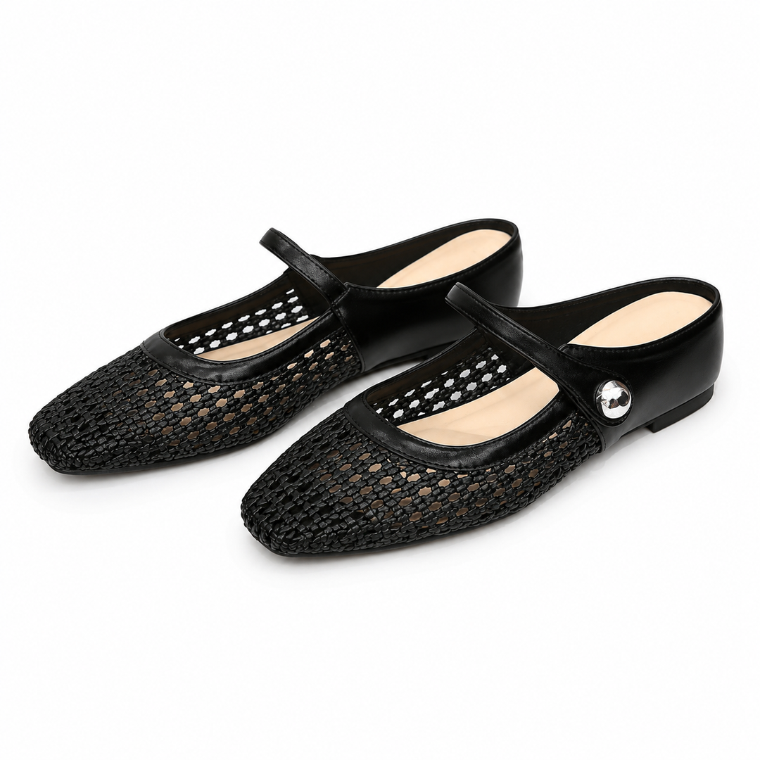 Detailed look at the woven texture on women's fashionable square toe mules