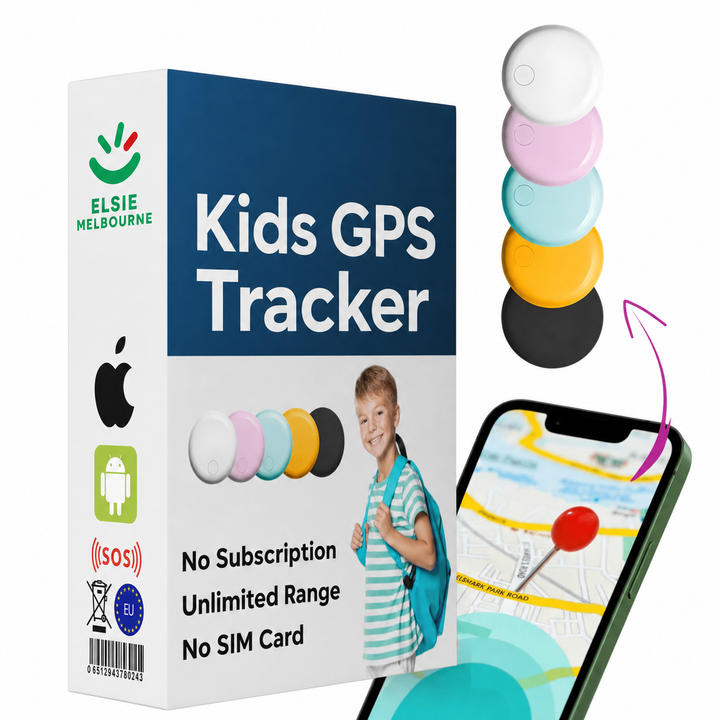 Kids GPS tracker box with color options and smartphone app display