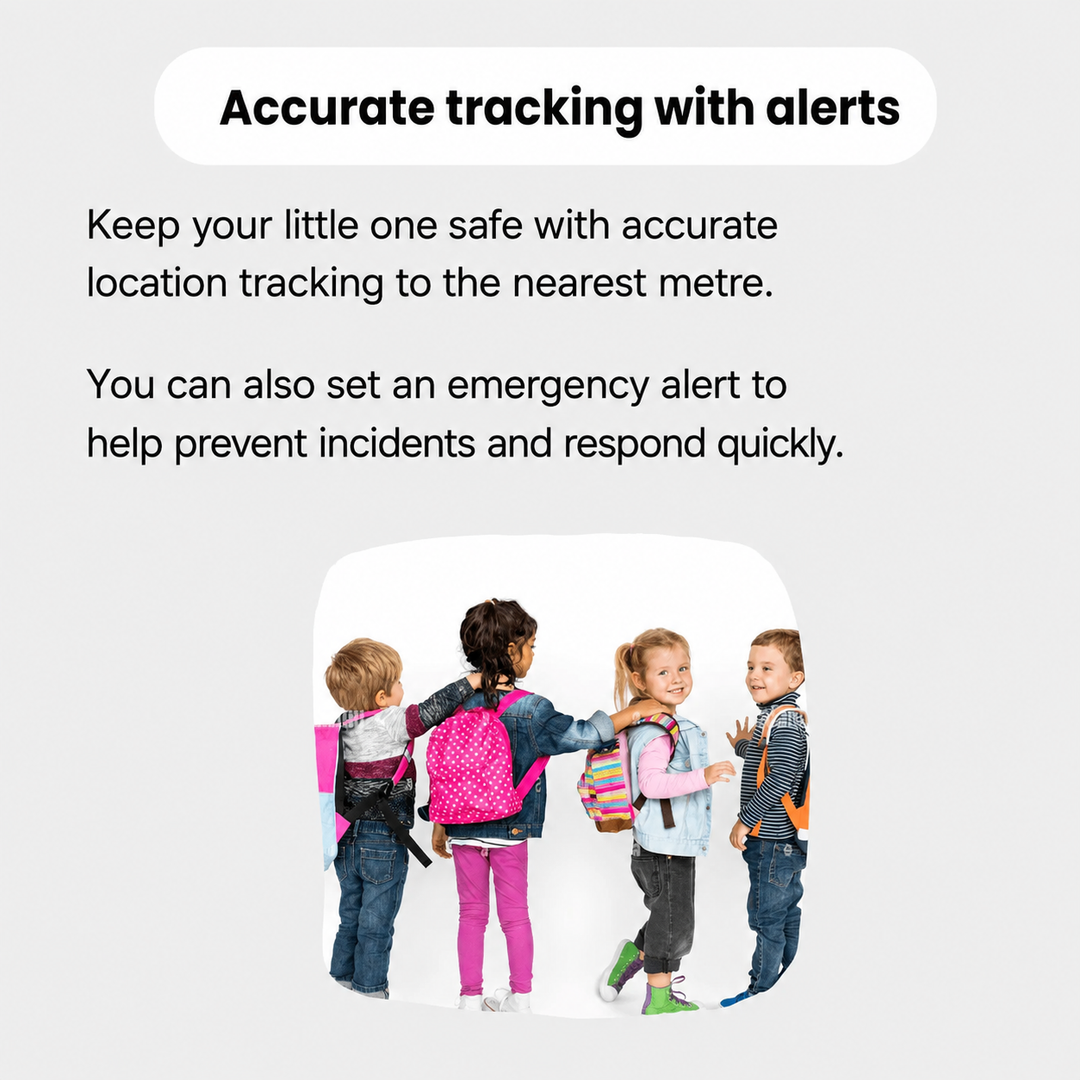 Children walking together wearing backpacks with location alert overlay