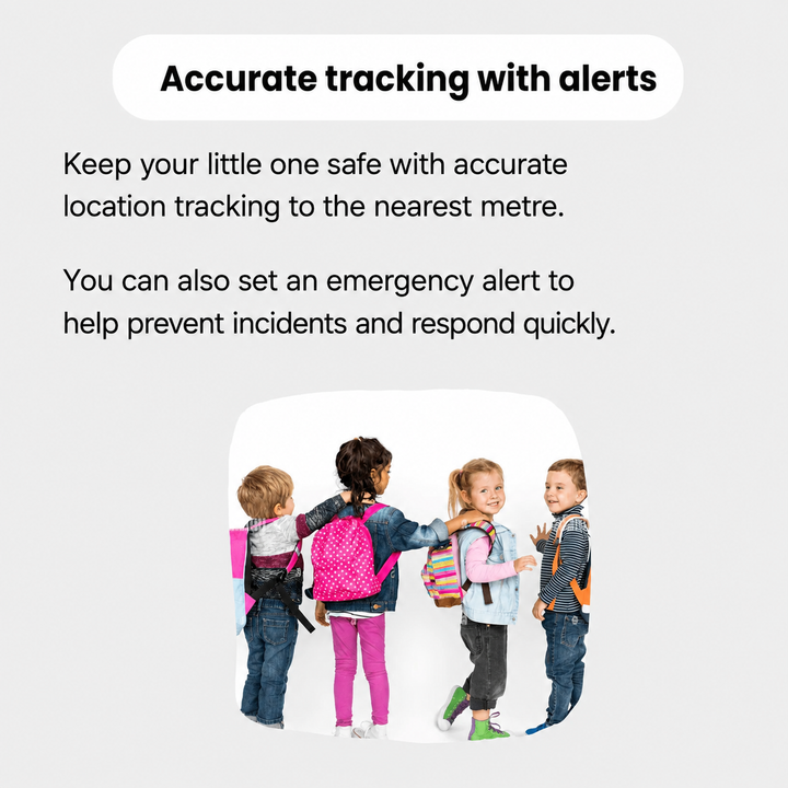Children walking together wearing backpacks with location alert overlay